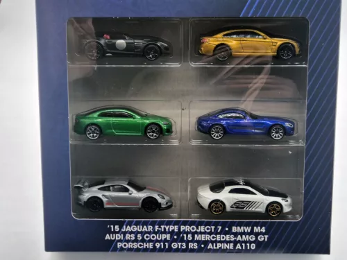 Set de 6 mașini Hot Wheels - Jaguar F-Type Project 7 / BMW M4 / Audi RS 5 Coupe / Mercedes AMG GT / Porsche 911 GT3 RS / Alpine A110 - Hotwheels - 1:64