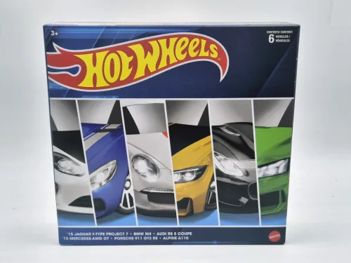 Set de 6 mașini Hot Wheels - Jaguar F-Type Project 7 / BMW M4 / Audi RS 5 Coupe / Mercedes AMG GT / Porsche 911 GT3 RS / Alpine A110 - Hotwheels - 1:64