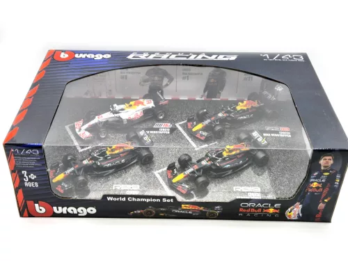 Set Red Bull F1 - 2023 RB19 Max Verstappen - 2023 RB19 Sergio Perez (Miami) - 2022 RB18 Max Verstappen - 2021 RB16B Max Verstappen (Turkish GP) - Bburago -1:43