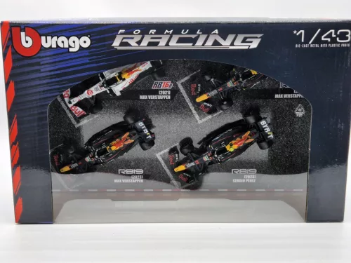 Set Red Bull F1 - 2023 RB19 Max Verstappen - 2023 RB19 Sergio Perez (Miami) - 2022 RB18 Max Verstappen - 2021 RB16B Max Verstappen (Turkish GP) - Bburago -1:43