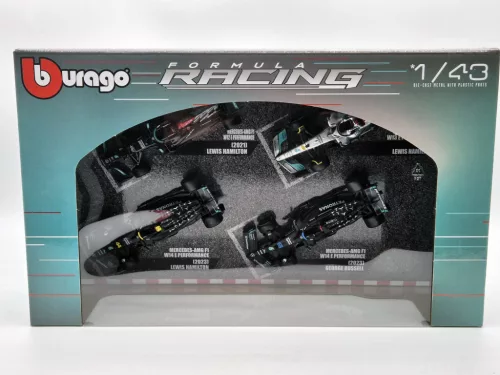 Set Mercedes GP F1 - 2023 W14 Lewis Hamilton - 2023 W14 George Russell - 2022 W13 Lewis Hamilton - 2021 W12 Lewis Hamilton - Bburago - 1:43