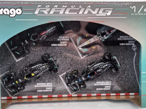 Set Mercedes GP F1 - 2023 W14 Lewis Hamilton - 2023 W14 George Russell - 2022 W13 Lewis Hamilton - 2021 W12 Lewis Hamilton - Bburago - 1:43