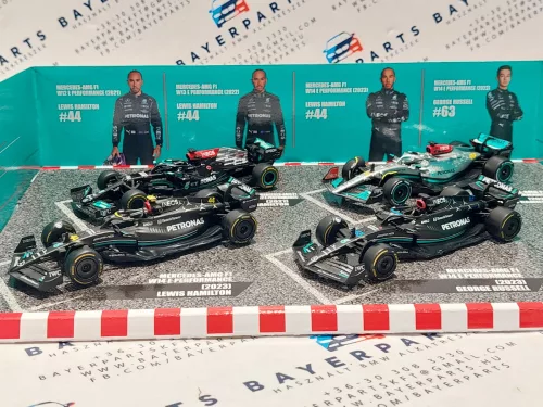 Set Mercedes GP F1 - 2023 W14 Lewis Hamilton - 2023 W14 George Russell - 2022 W13 Lewis Hamilton - 2021 W12 Lewis Hamilton - Bburago - 1:43