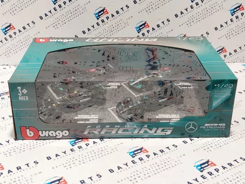 Set Mercedes GP F1 - 2023 W14 Lewis Hamilton - 2023 W14 George Russell - 2022 W13 Lewis Hamilton - 2021 W12 Lewis Hamilton - Bburago - 1:43
