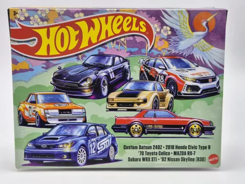 Hot Wheels Temă Japonia - set de 6 bucăți în cutie de cadou - Custom Datsun 240Z - 2018 Honda Civic Type R - 1970 Toyota Celica - Mazda RX-7 - Subaru WRX STi0 - 1982 Nissan Skyline R30 - Hot Wheels - 1:64