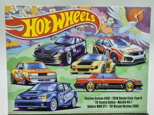 Hot Wheels Temă Japonia - set de 6 bucăți în cutie de cadou - Custom Datsun 240Z - 2018 Honda Civic Type R - 1970 Toyota Celica - Mazda RX-7 - Subaru WRX STi0 - 1982 Nissan Skyline R30 - Hot Wheels - 1:64