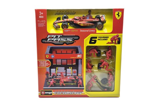 Ferrari Pit Stop - dioramă box - SF-24 F1 #16 (2024) - Charles Leclerc - cu mecanici - Bburago - 1:43