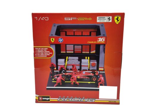 Ferrari Pit Stop - dioramă box - SF-24 F1 #16 (2024) - Charles Leclerc - cu mecanici - Bburago - 1:43