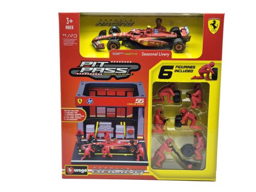 Ferrari Pit Stop - dioramă box - SF-24 F1 #55 (2024) - Carlos Sainz - cu mecanici - Bburago - 1:43