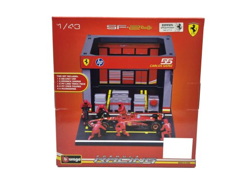 Ferrari Pit Stop - dioramă box - SF-24 F1 #55 (2024) - Carlos Sainz - cu mecanici - Bburago - 1:43