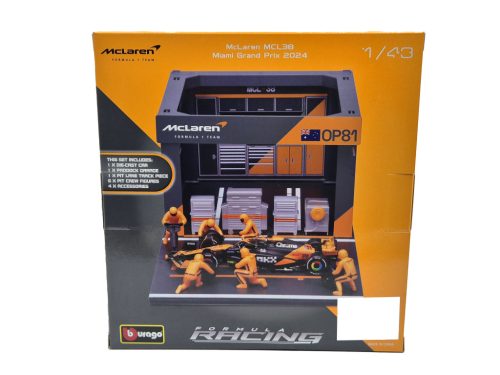 McLaren Pit Stop - dioramă box - MCL38 F1 #81 (2024) - Oscar Piastri - cu mecanici - Bburago - 1:43